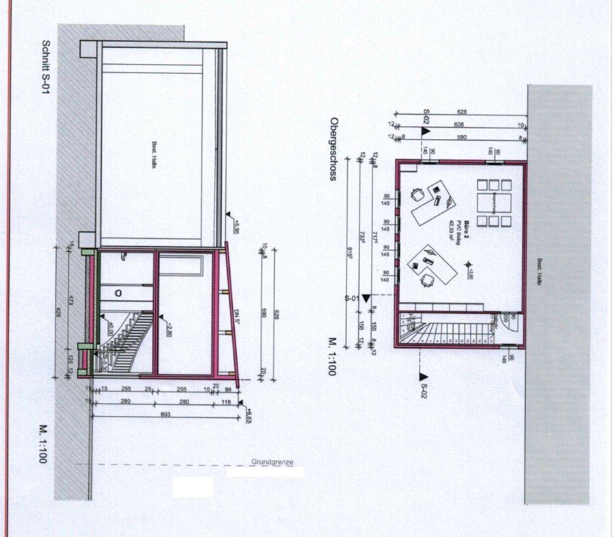 Grundriss und Schnitt des Obergeschosses mit Büroräumen und Treppenhaus.