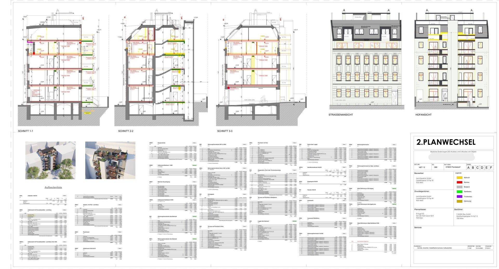 Detaillierte architektonische Pläne mit Schnitten, Ansichten und Grundrissen des Gebäudes.