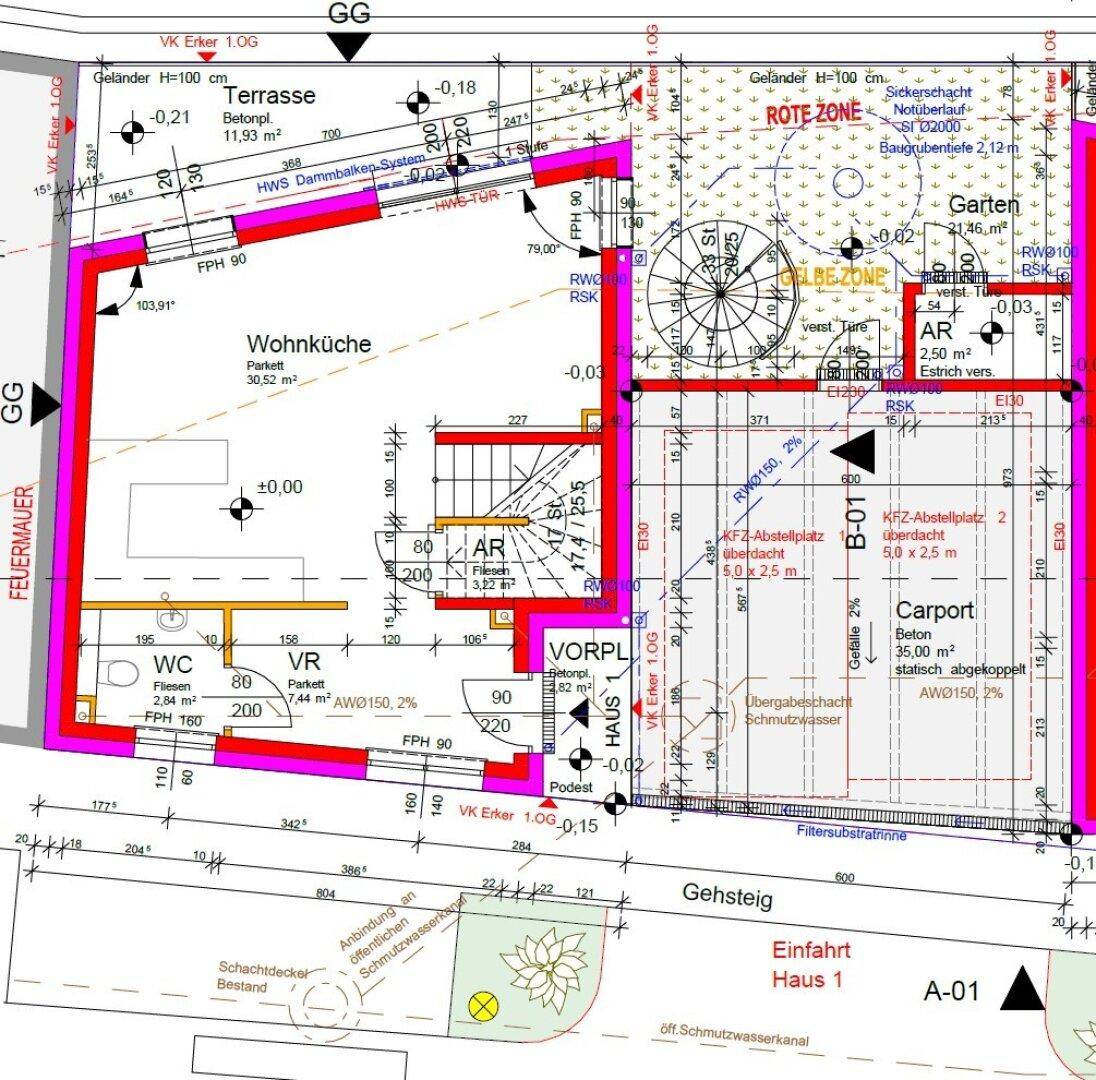 Grundriss des Erdgeschosses mit offener Wohnküche, Terrasse, Garten und Carport.