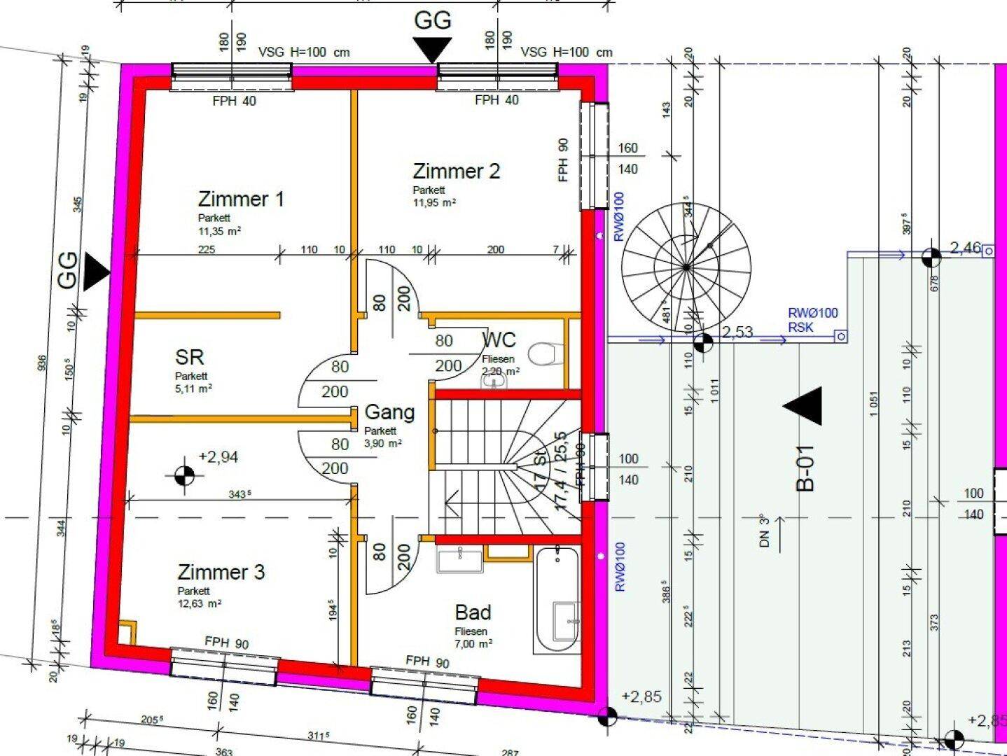 Grundriss des Obergeschosses mit drei Schlafzimmern, Bad und separatem WC.