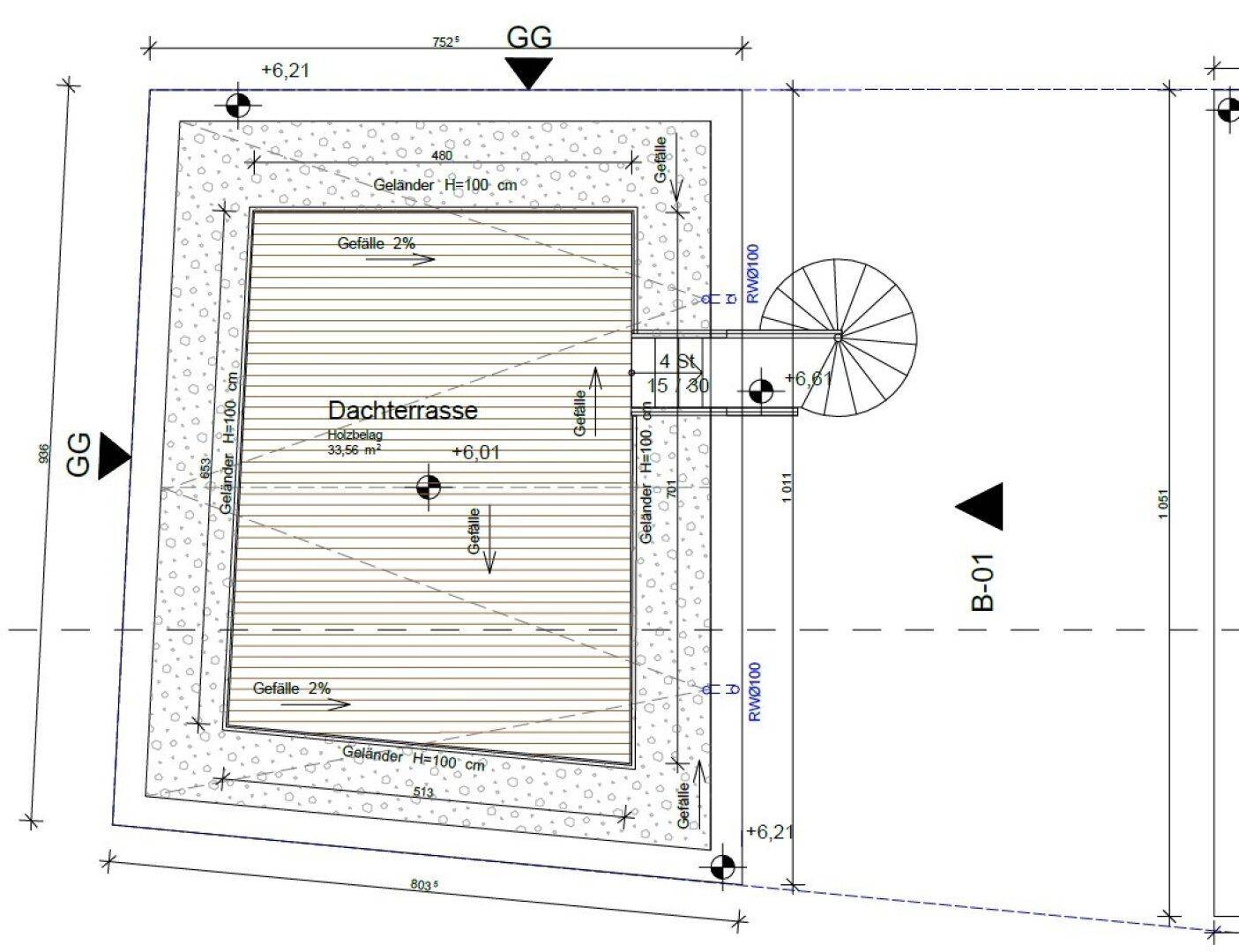 Grundriss der Dachterrasse mit Holzbelag und Zugang über eine Wendeltreppe.