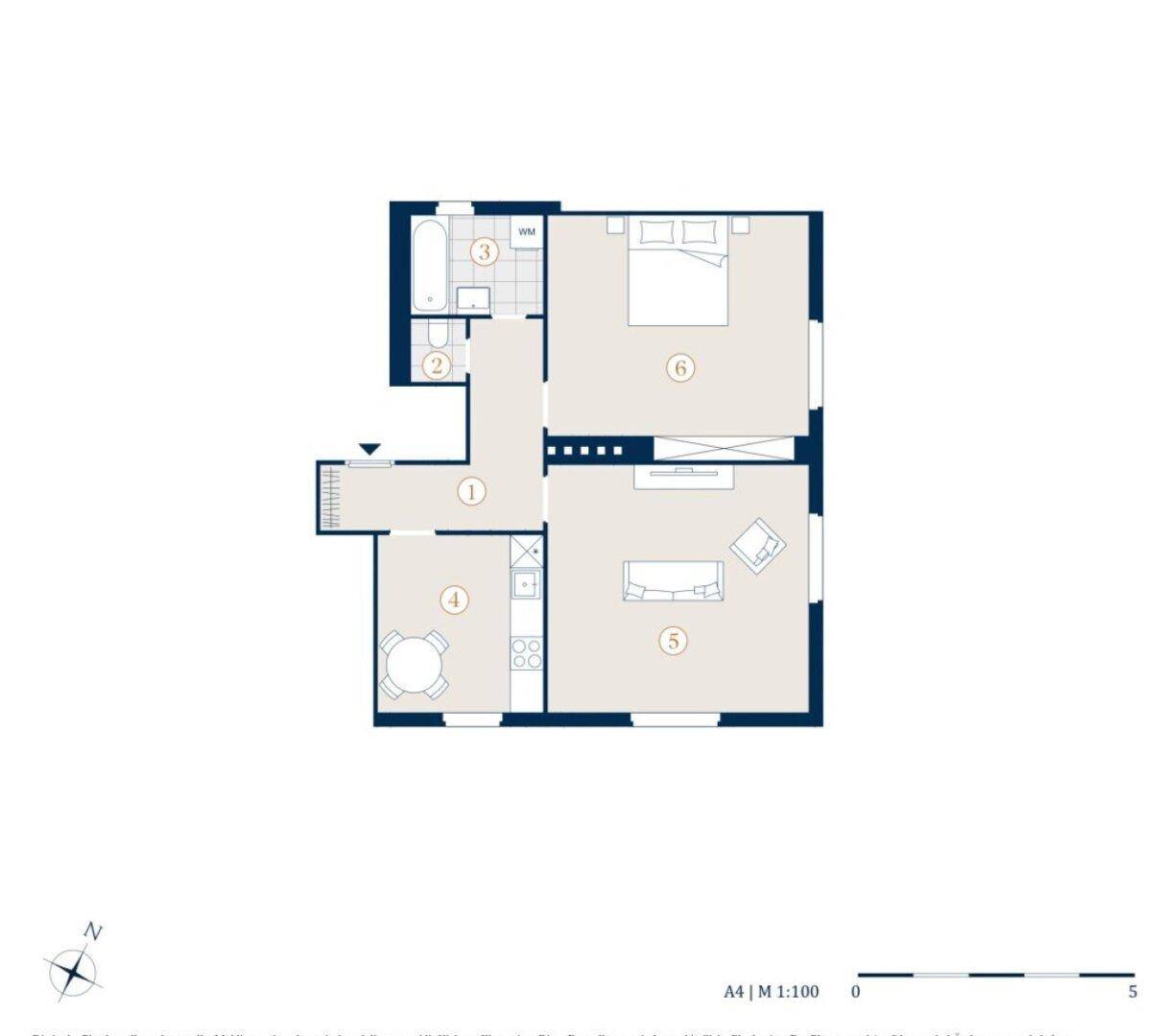 Grundriss der Wohnung mit klarer Raumaufteilung und Maßstab 1:100.