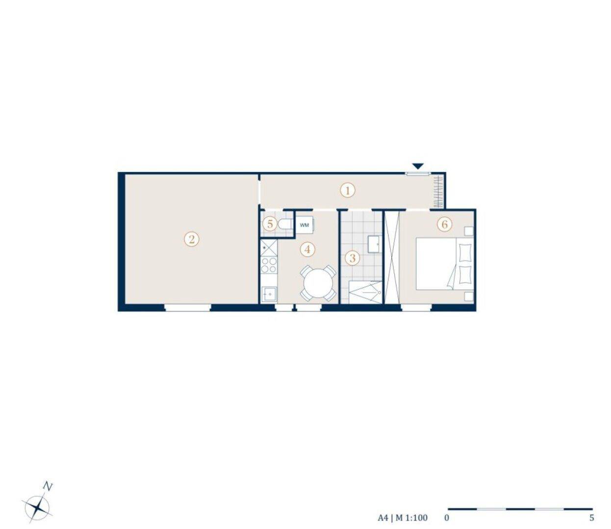 Grundriss einer Wohnung mit Wohnbereich, Küche, Bad und Schlafzimmer.