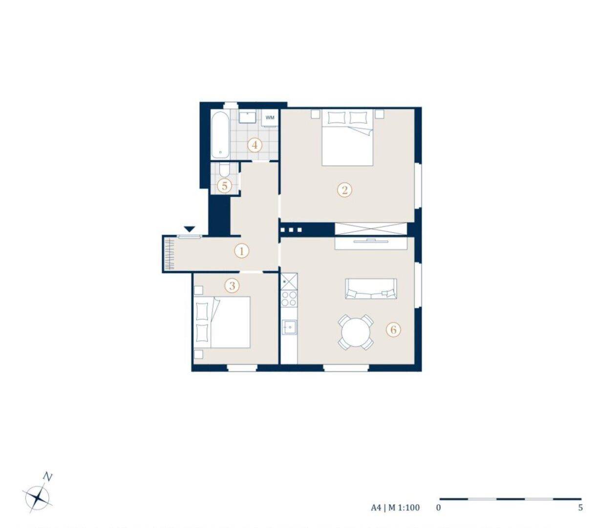 Grundriss einer Wohnung mit zwei Schlafzimmern, einem Bad und einem offenen Wohnbereich.