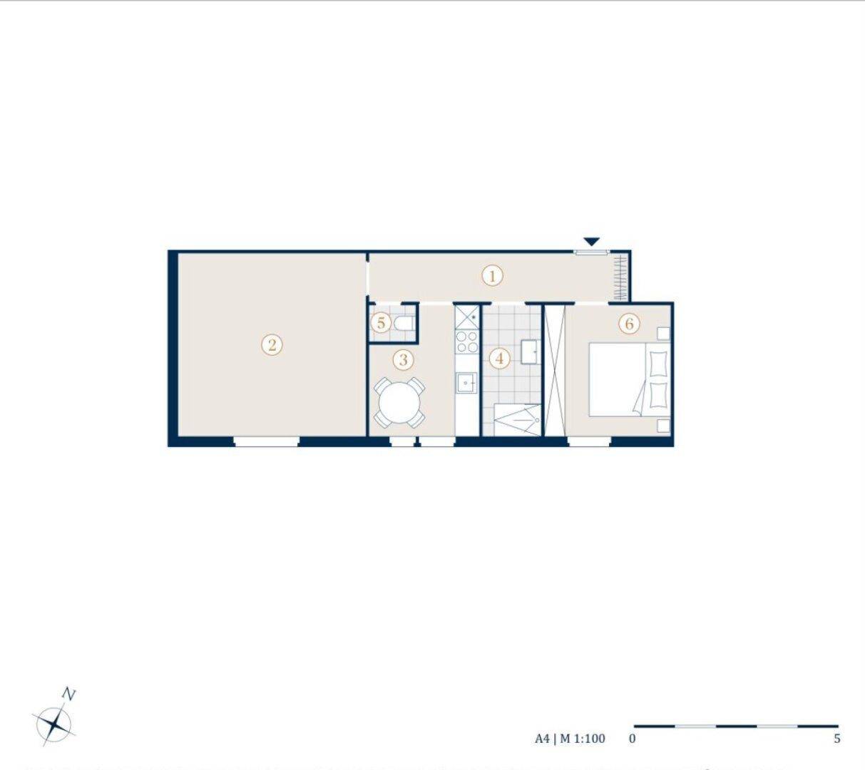 Grundriss einer Wohnung mit offenem Wohnbereich, Schlafzimmer und zwei Bädern.