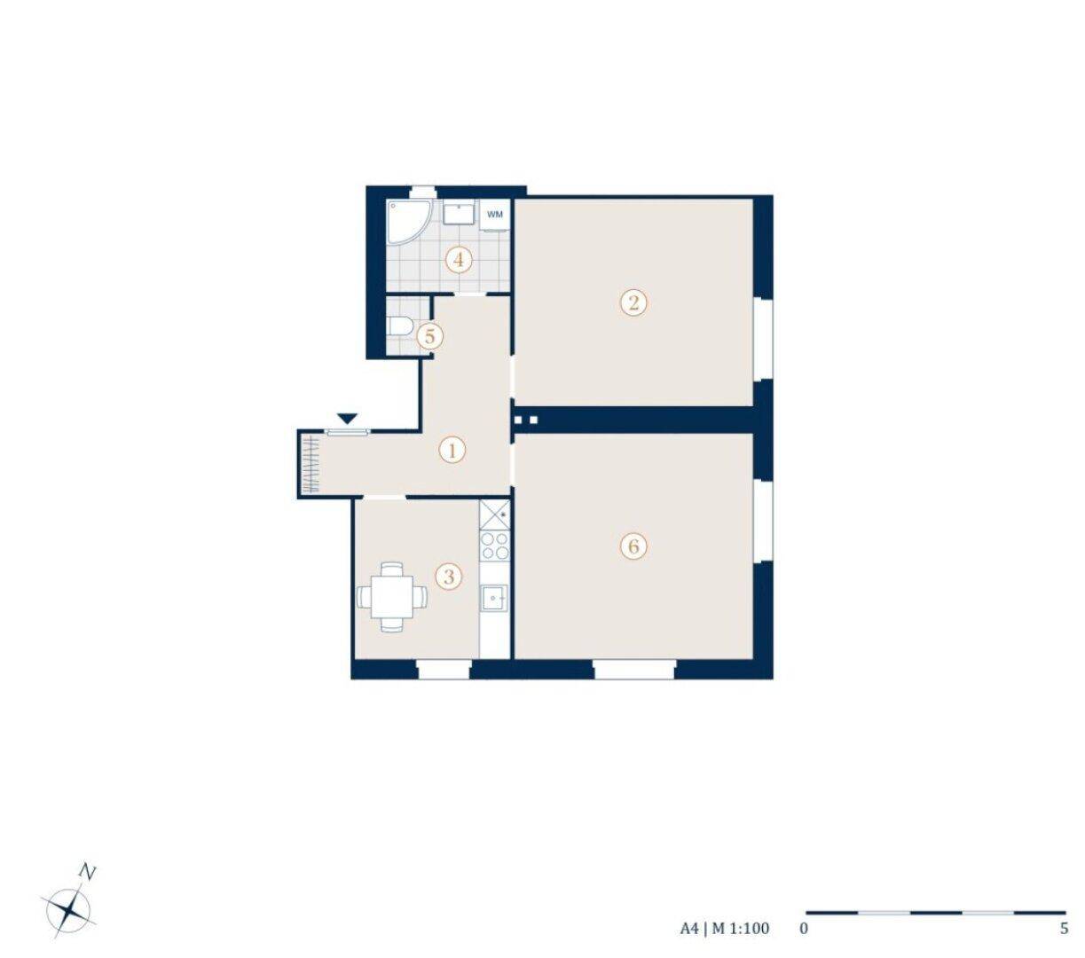 Übersichtlicher Grundriss der Wohnung mit separater Küche, Bad, WC und drei weiteren Zimmern.