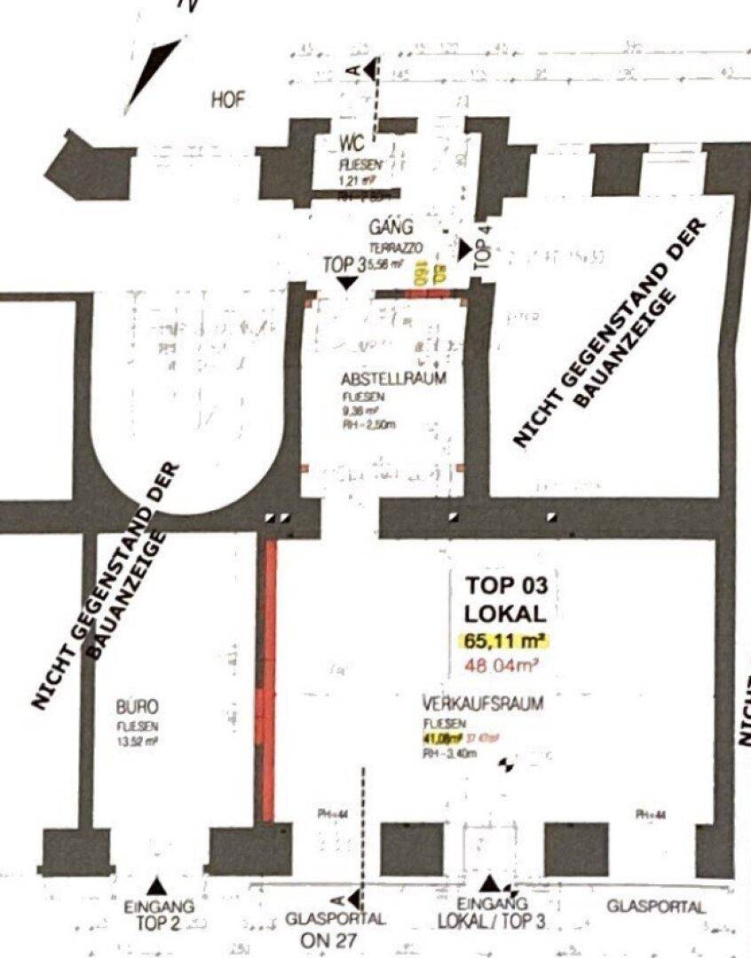 Grundriss des Lokals mit Verkaufsraum, Abstellraum und WC, Gesamtfläche 65,11 m².