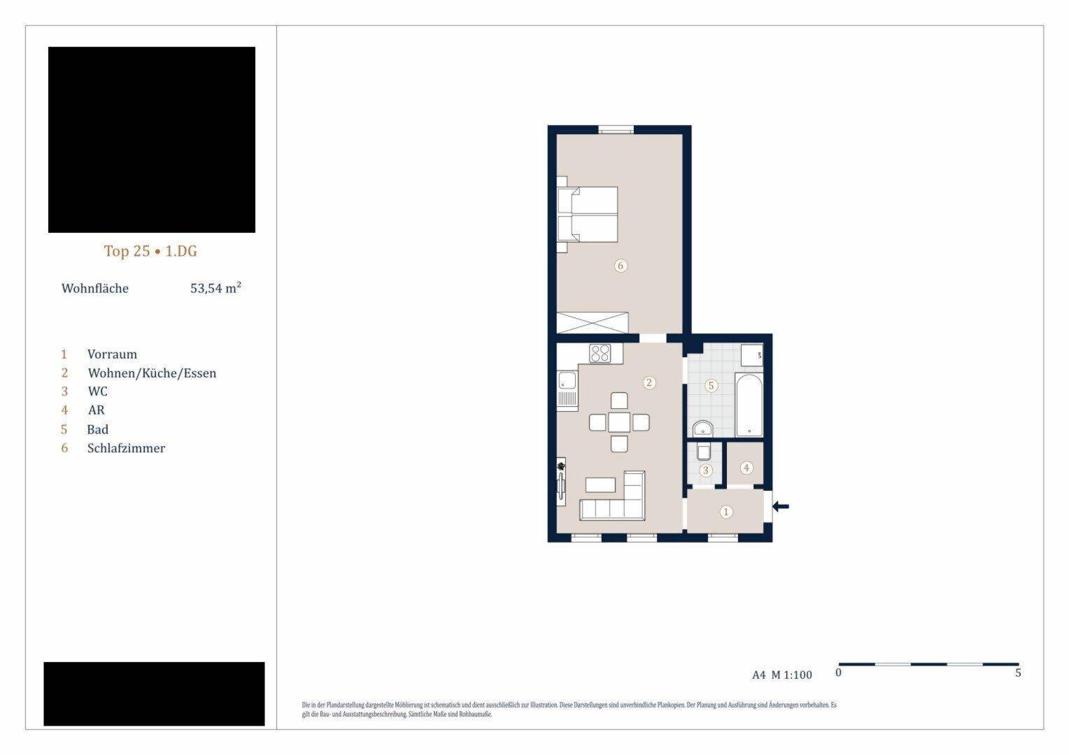 Grundriss der Wohnung mit 53,54 m² Wohnfläche, inklusive Wohn-/Essbereich und Schlafzimmer.