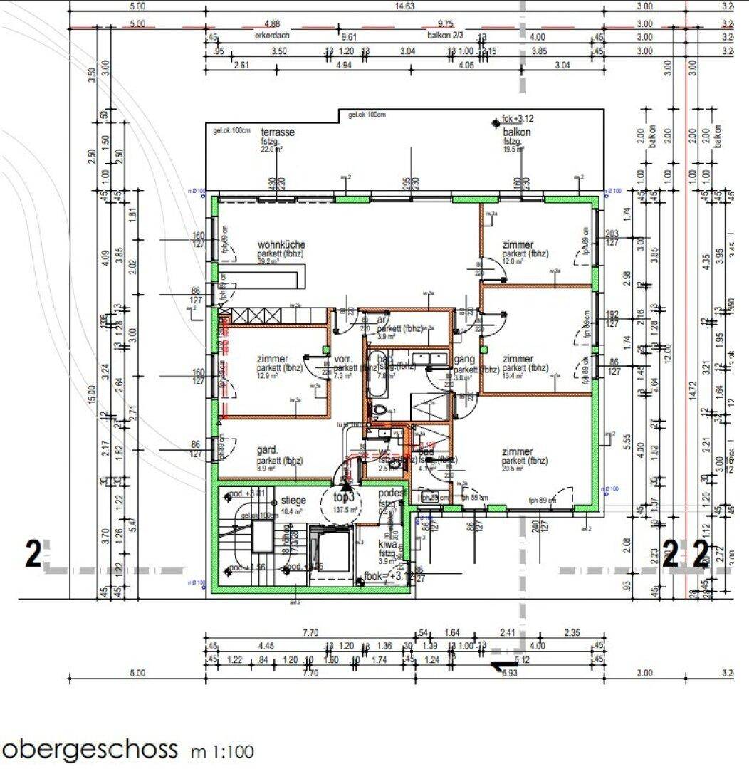 Grundriss des Untergeschosses einer Wohneinheit mit Terrasse und Garten.