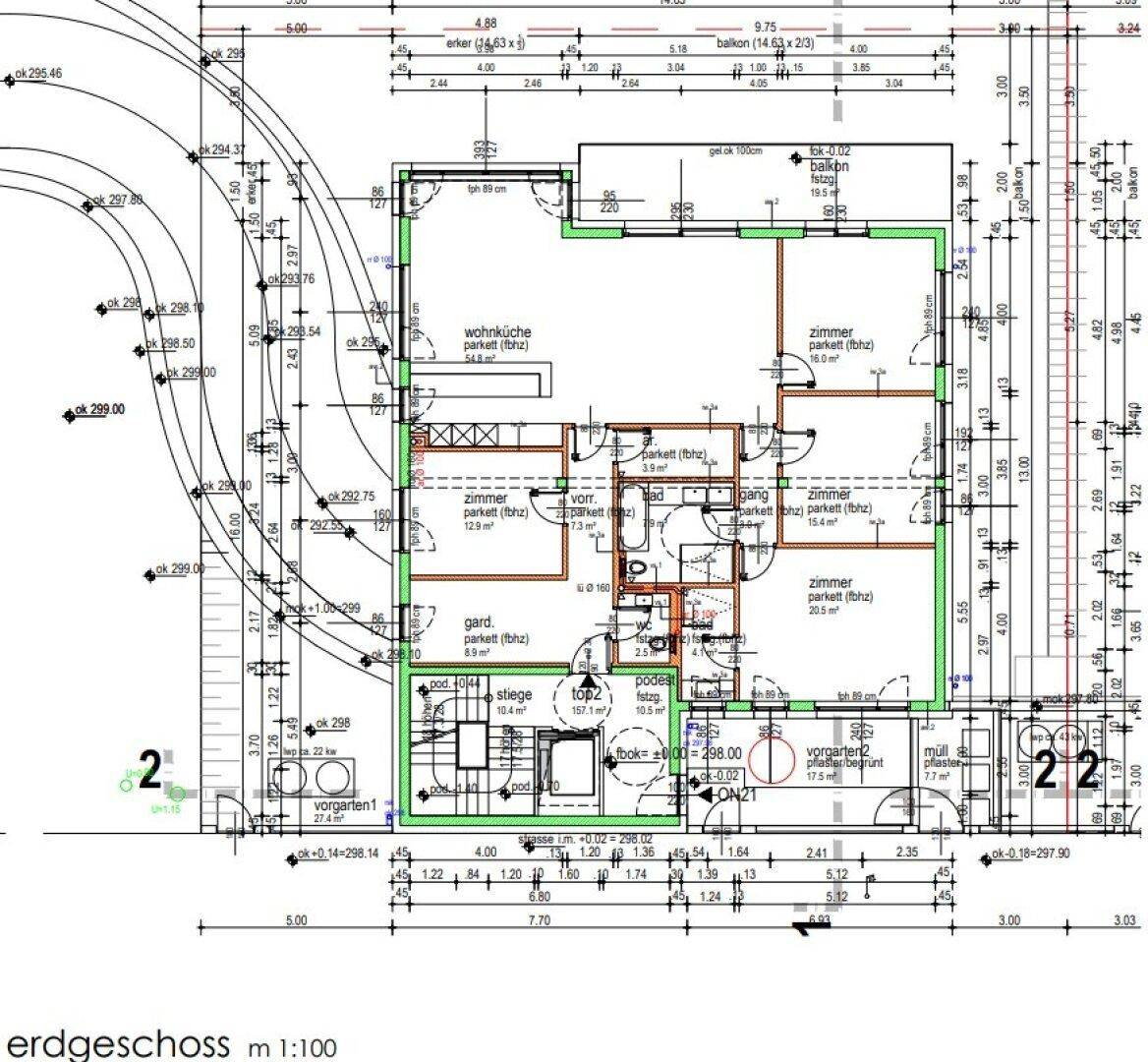 Grundriss des Obergeschosses einer Wohneinheit mit Balkon und Terrasse.