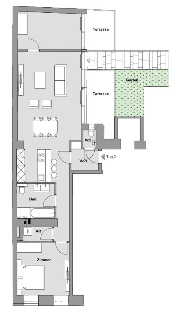 Grundriss einer Wohnung mit Terrasse, Garten, einem Schlafzimmer und offenem Wohnbereich.