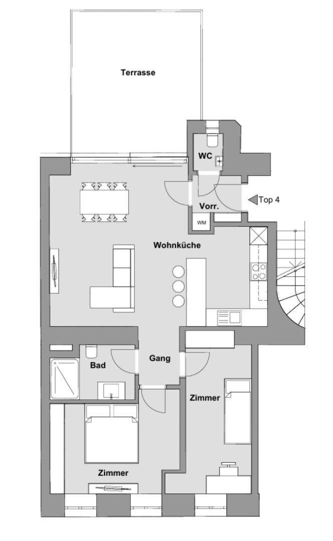 Detaillierter Grundriss einer Wohnung mit offener Wohnküche, zwei Zimmern und einer Terrasse.