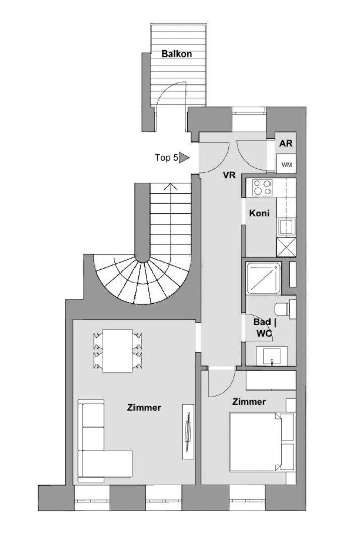 Detaillierter Grundriss einer Wohnung mit Balkon, Treppe und mehreren Zimmern.