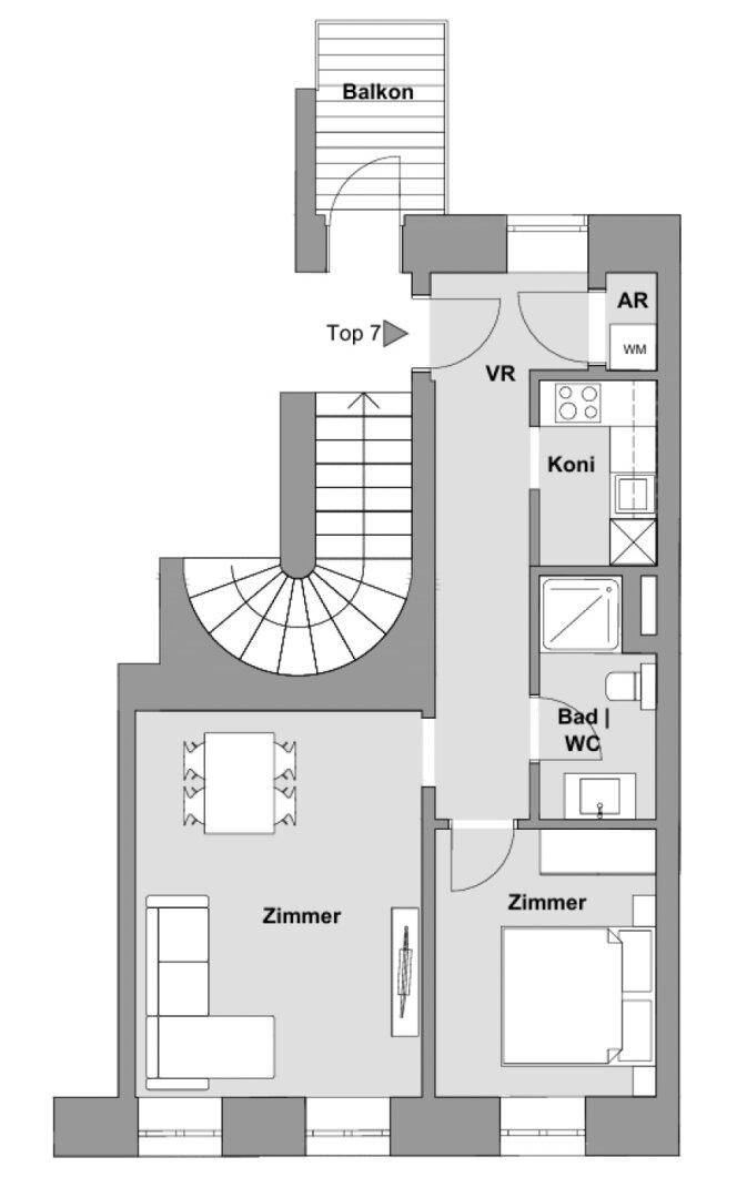 Grundriss einer Wohnung mit Balkon, zwei Zimmern, Bad und separater Küche.