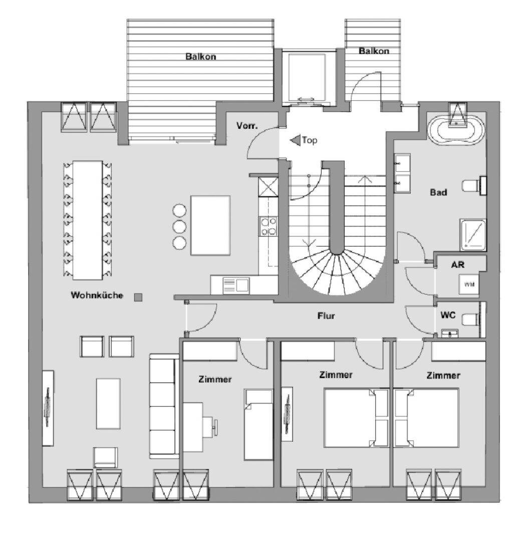 Grundriss einer Dachgeschosswohnung mit offener Wohnküche, drei Zimmern und zwei Balkonen.