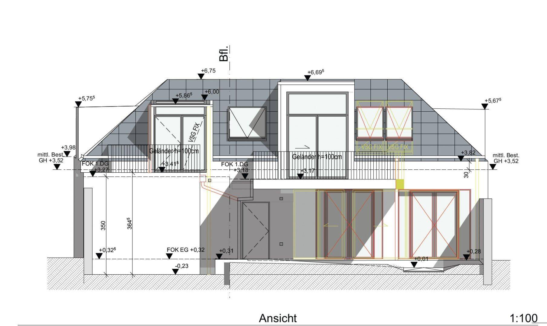 Architektonische Ansicht des Gebäudes mit Dachstruktur, Balkonen und Fensterfronten.