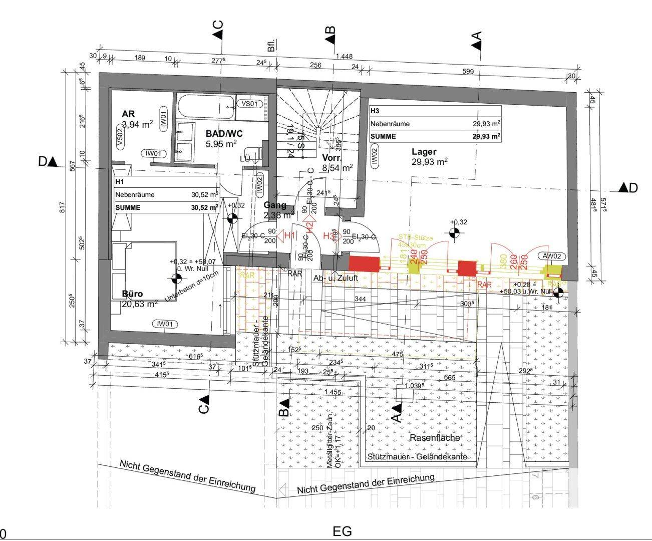 Grundriss des Erdgeschosses mit Aufteilung in Büro, Bad/WC, Lager und Nebenräume.