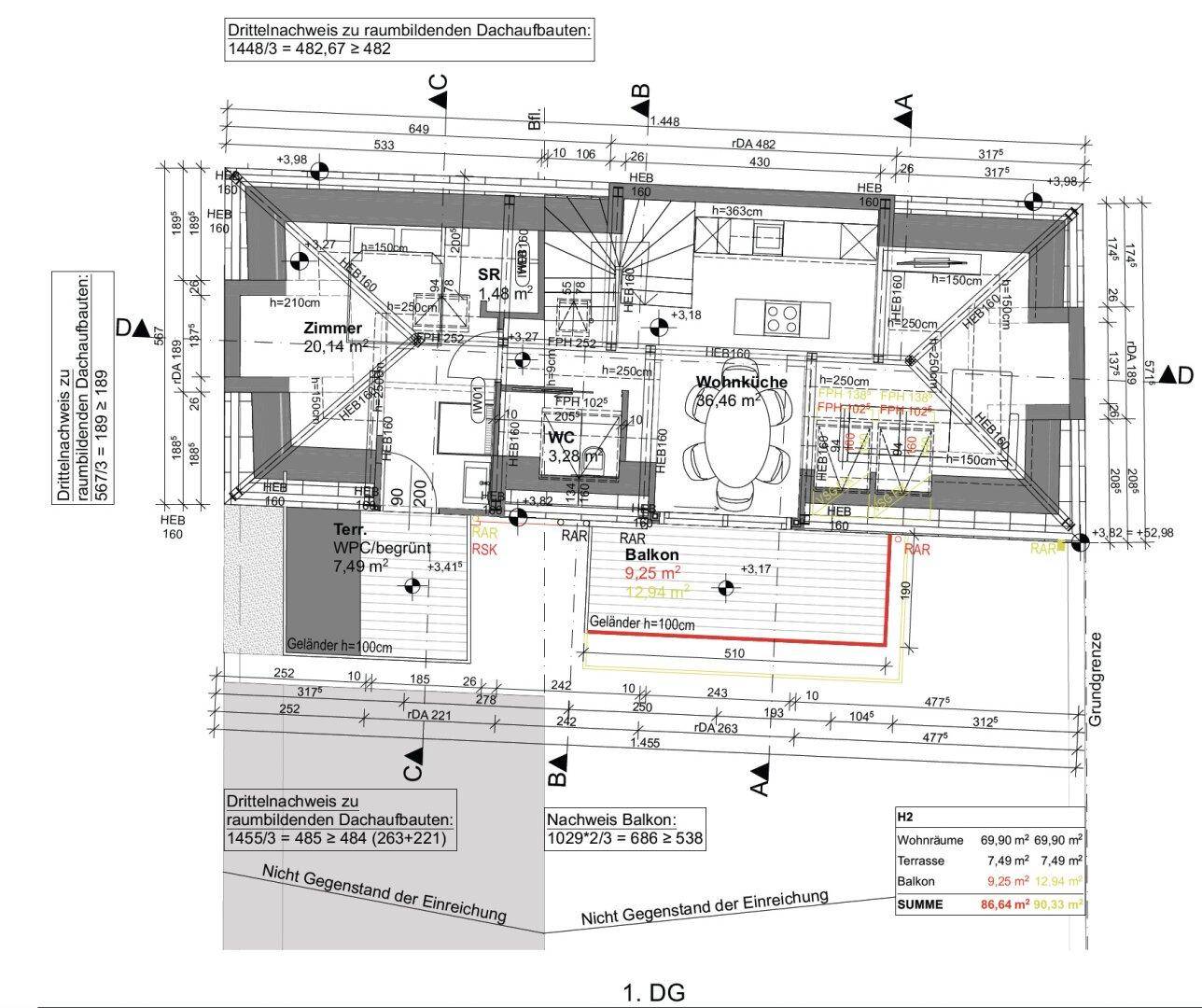 Grundriss des ersten Dachgeschosses mit Zimmer, Wohnküche, WC, Terrasse und Balkon.