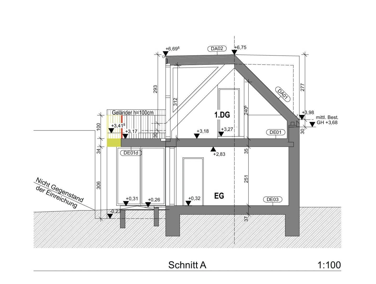 Architektonischer Schnitt A des Gebäudes, der die vertikale Struktur und Geschosse zeigt.