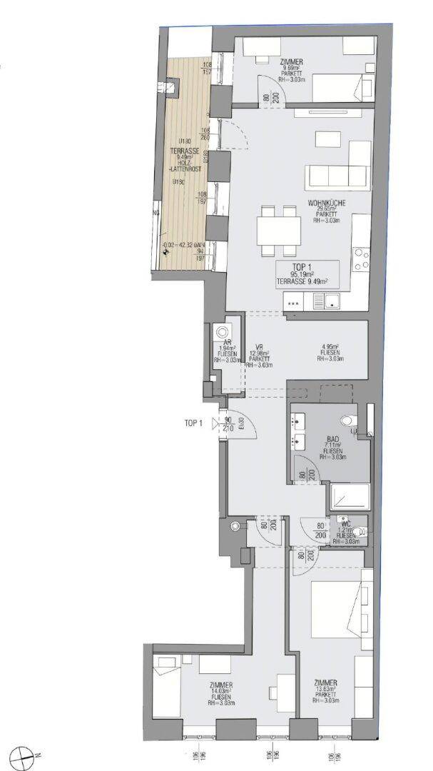 Detaillierter Grundriss einer Wohnung mit Terrasse, Wohnküche und drei Zimmern.