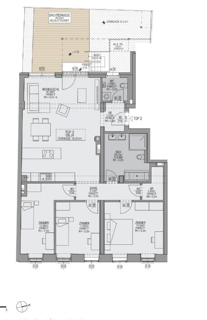 Grundriss der Wohnung TOP 2 mit drei Zimmern, offener Wohnküche und Dachterrasse.