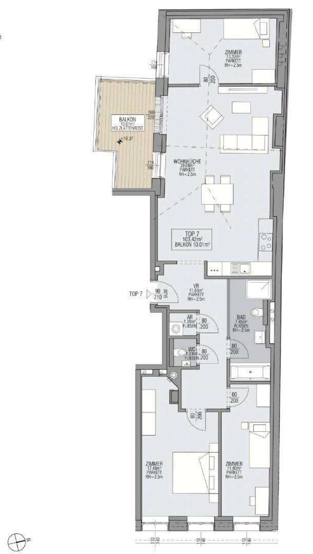 Detaillierter Grundriss einer Wohnung mit Balkon, drei Zimmern und offenem Wohnbereich.