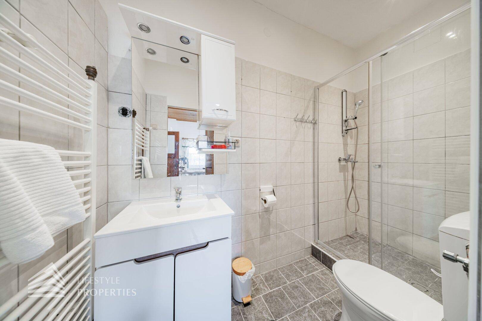 Modernes Badezimmer mit Dusche, WC, Waschtisch und beheiztem Handtuchhalter in Grau- und Weißtönen.