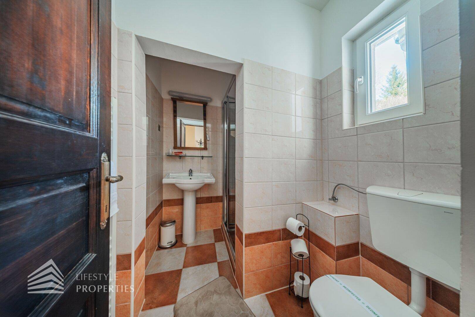 Badezimmer mit Fenster, Duschkabine, WC und Fliesen in warmen Farbtönen.