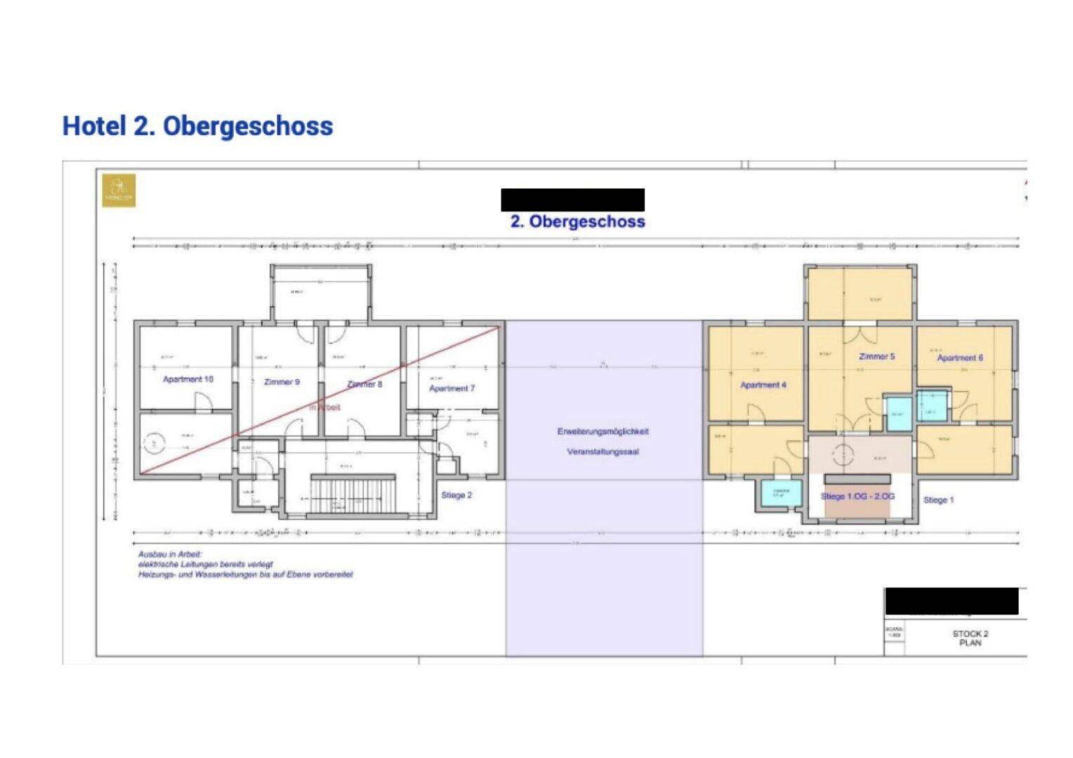 Grundriss des zweiten Obergeschosses eines Hotels mit Apartments und Erweiterungsmöglichkeiten.
