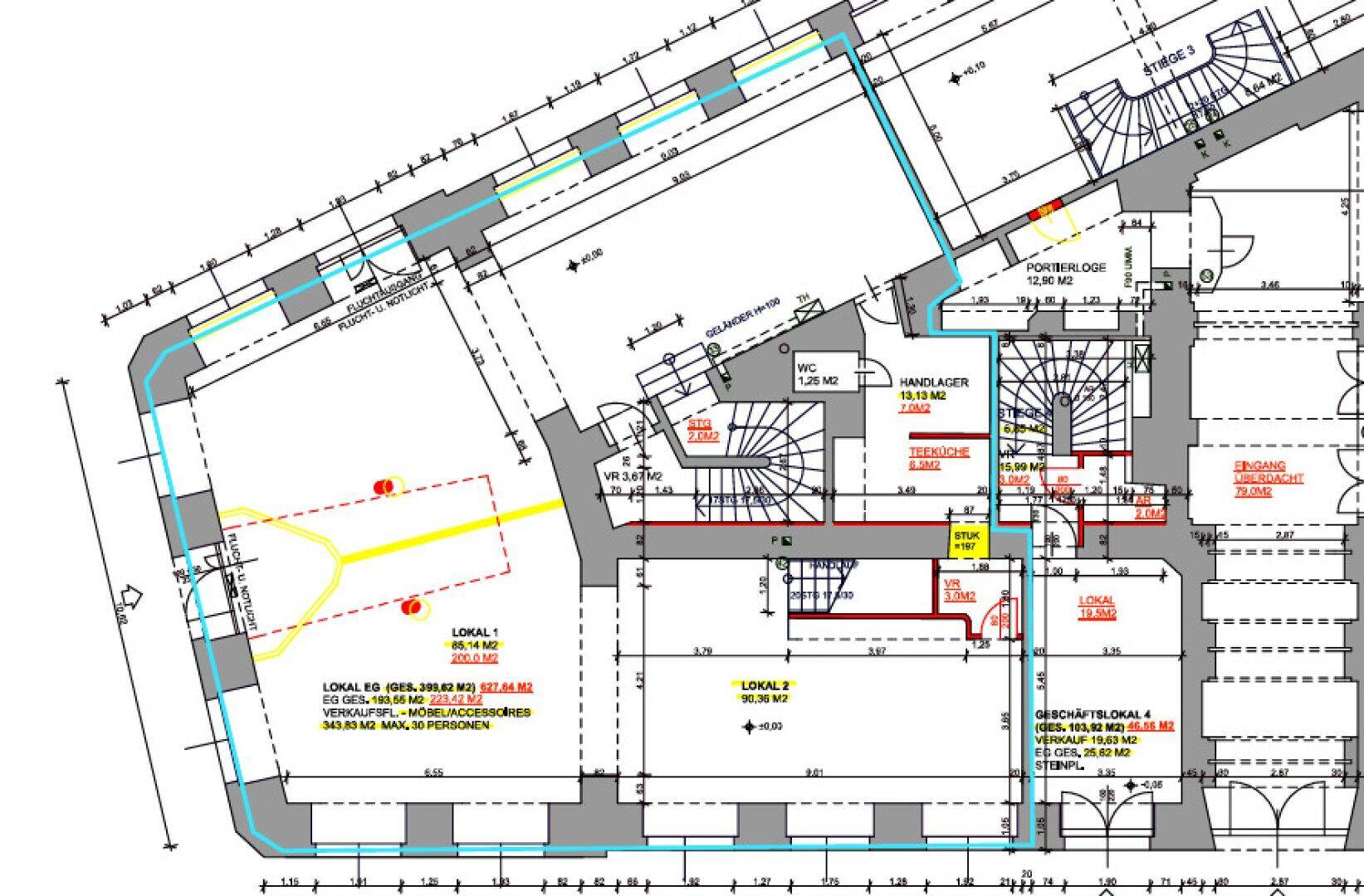 Detaillierter Grundriss des Erdgeschosses mit verschiedenen Ladenlokalen und Lagerflächen.