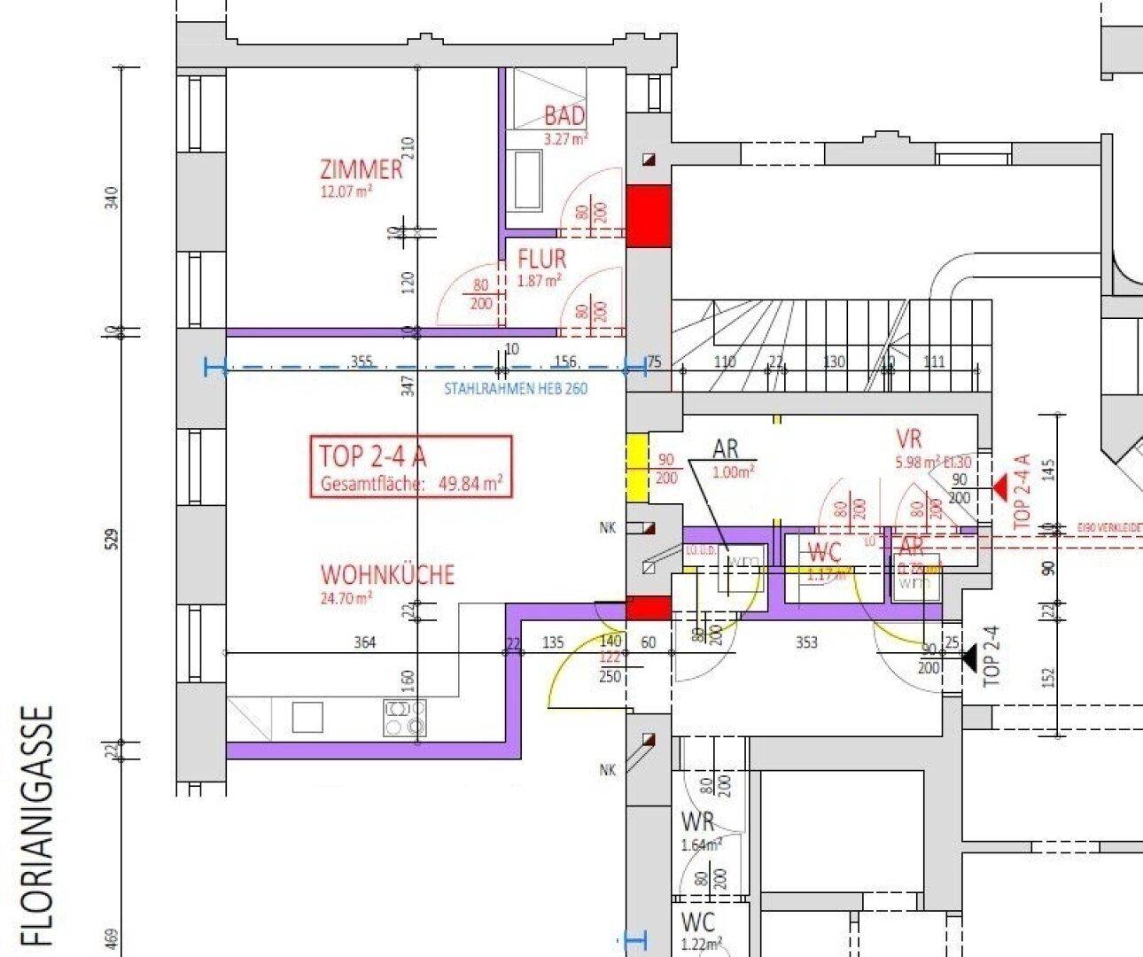 Grundriss der Wohnung TOP 2-4 A mit offener Wohnküche, Schlafzimmer, Bad, separatem WC und Abstellraum.