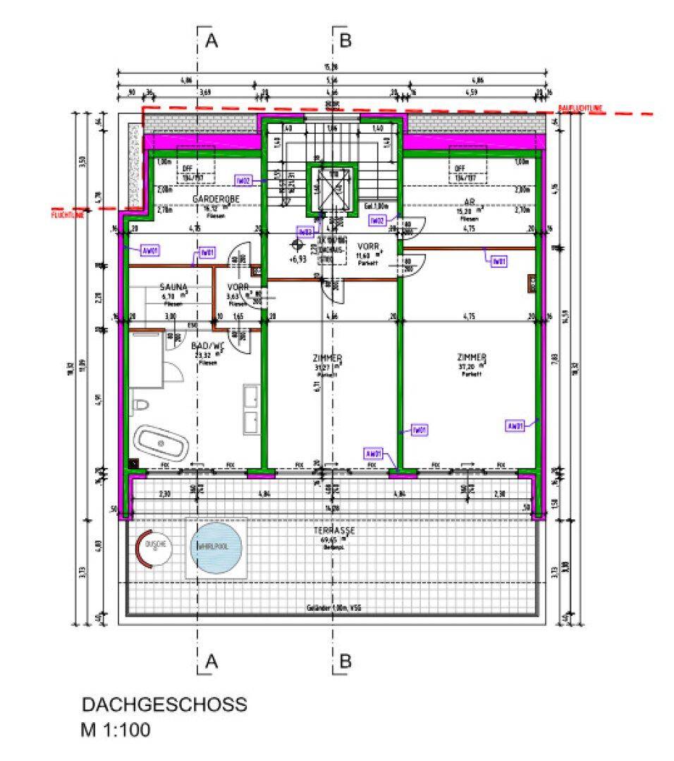 Grundriss des Dachgeschosses mit Schlafzimmern, Bad, Sauna, Whirlpool und großer Terrasse.