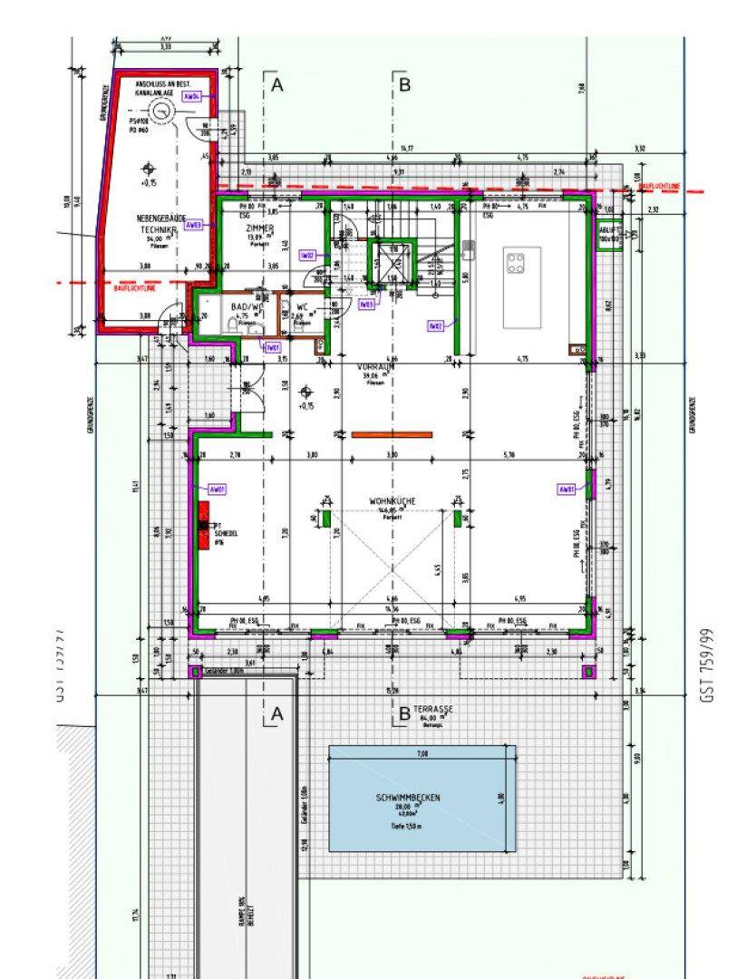 Grundriss des Erdgeschosses mit Wohnbereich, Küche, Terrasse und Pool.