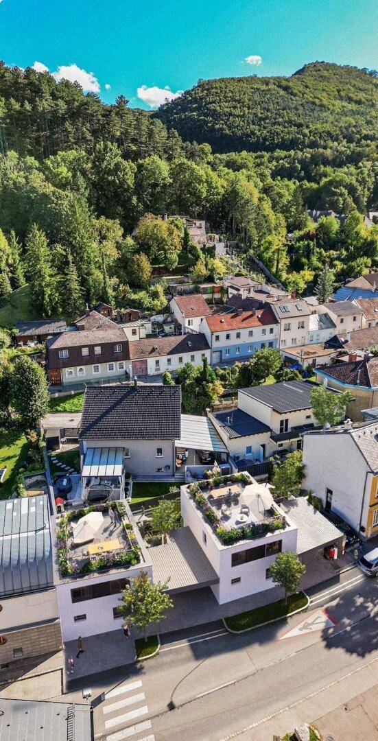 Luftaufnahme der modernen Häuser mit Dachterrassen in einer grünen Wohngegend am Hang.