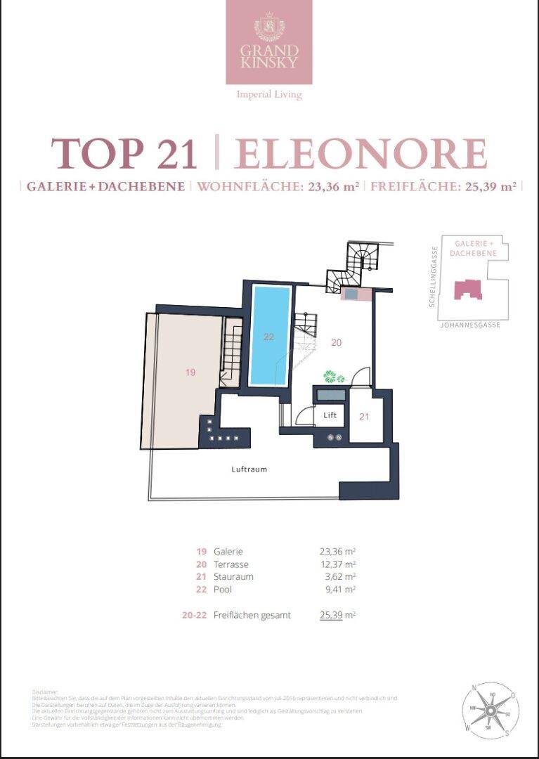 Grundriss der Galerie und Dachebene mit Pool, Terrasse und Liftzugang.