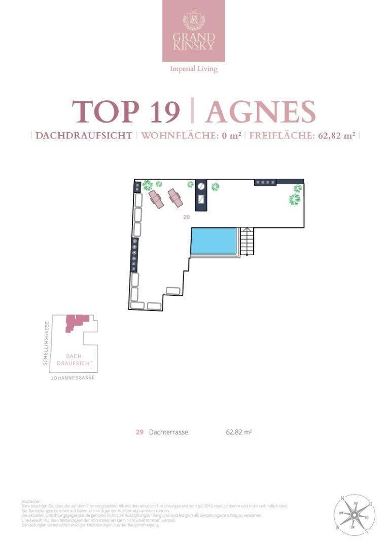 Dachaufsicht der Wohnung Top 19 mit großer Dachterrasse und integriertem Poolbereich.