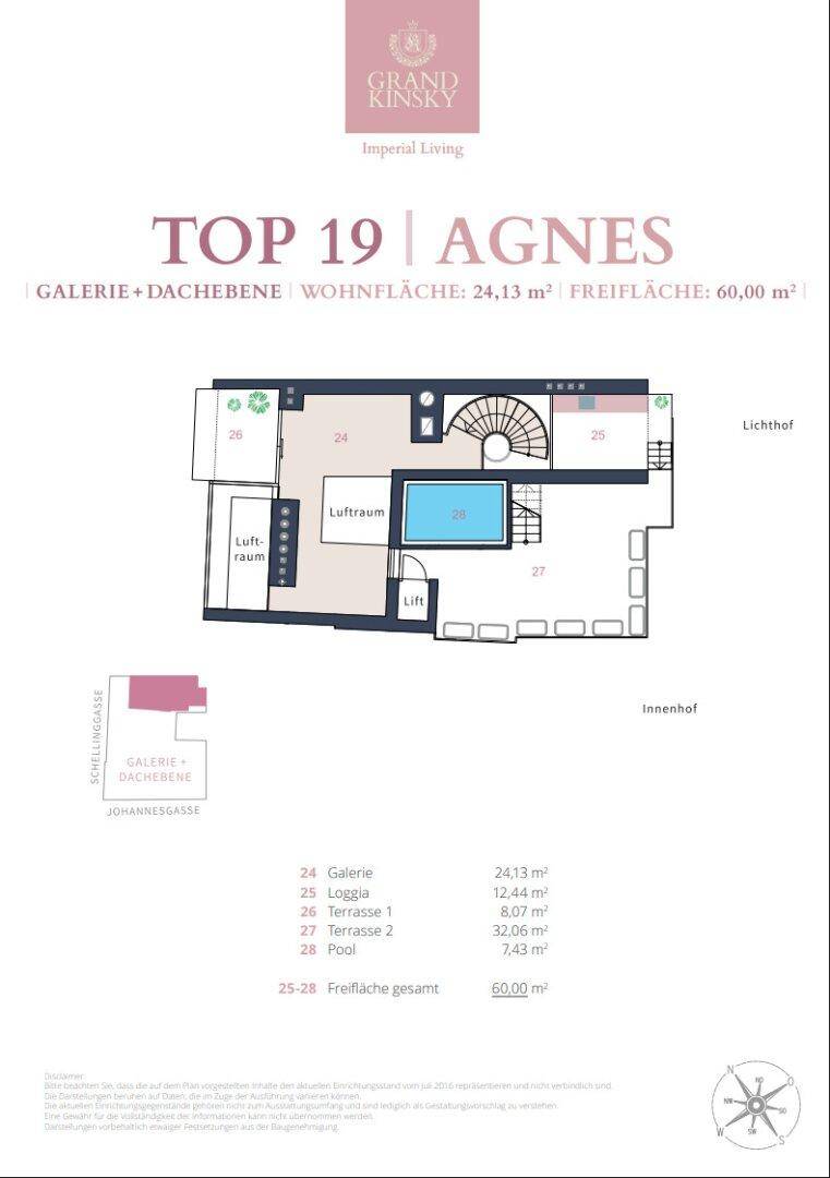 Grundriss der Galerie- und Dachebene der Wohnung Top 19 mit Loggia, Terrassen und Pool.