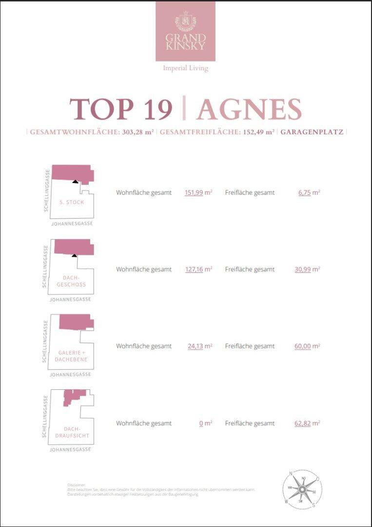 Übersicht der Grundrisse und Flächen der Wohnung Top 19 über mehrere Ebenen.