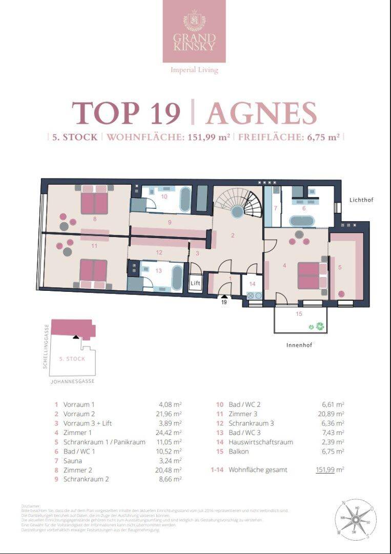 Grundriss der Wohnung Top 19 im 5. Stock mit mehreren Schlafzimmern, Bädern und Balkon.