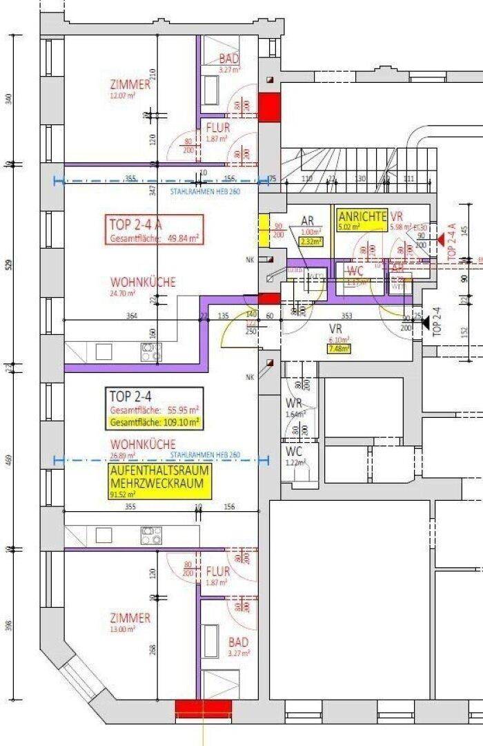 Grundrissplan zeigt mehrere Wohneinheiten mit offener Wohnküche, Bad und separatem WC.