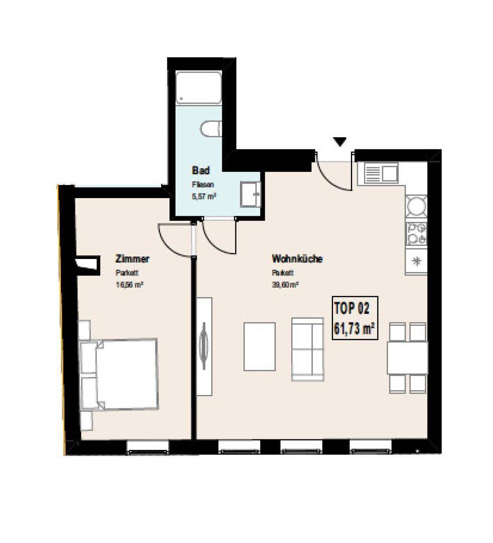 Grundriss der Wohnung Top 02 mit Wohnküche, Zimmer und Bad auf 61,73 m².