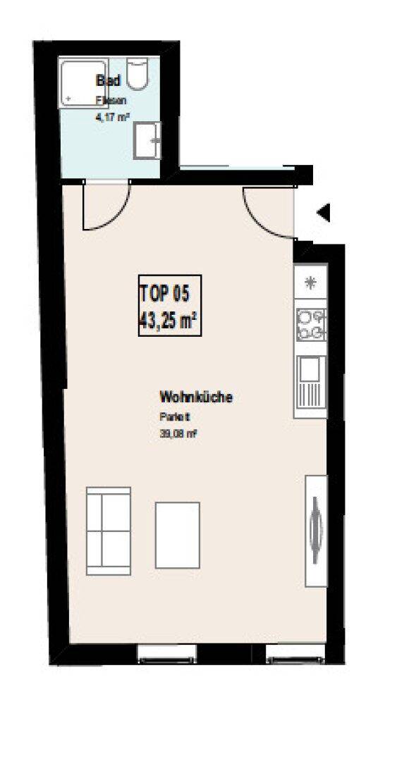 Grundriss der Wohnung TOP 05 mit offener Wohnküche und Badezimmer auf 43,25 m².