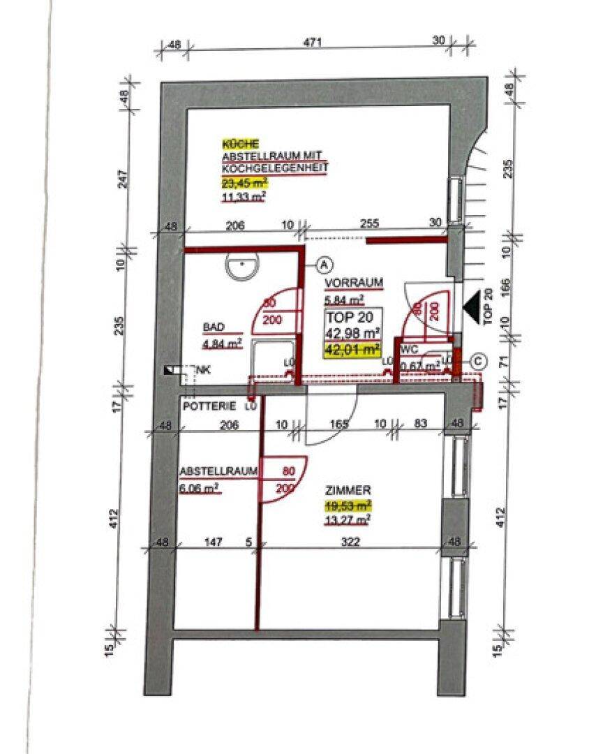 Grundriss der Wohnung mit Küche, Bad, WC und Zimmern.