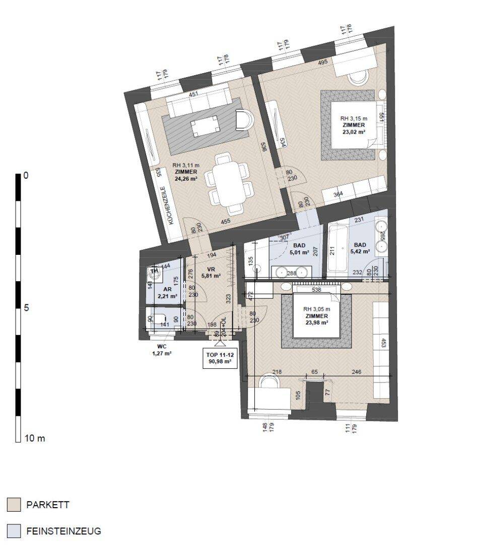 Detaillierter Grundriss einer Wohnung mit drei Zimmern, zwei Bädern und offener Küche.