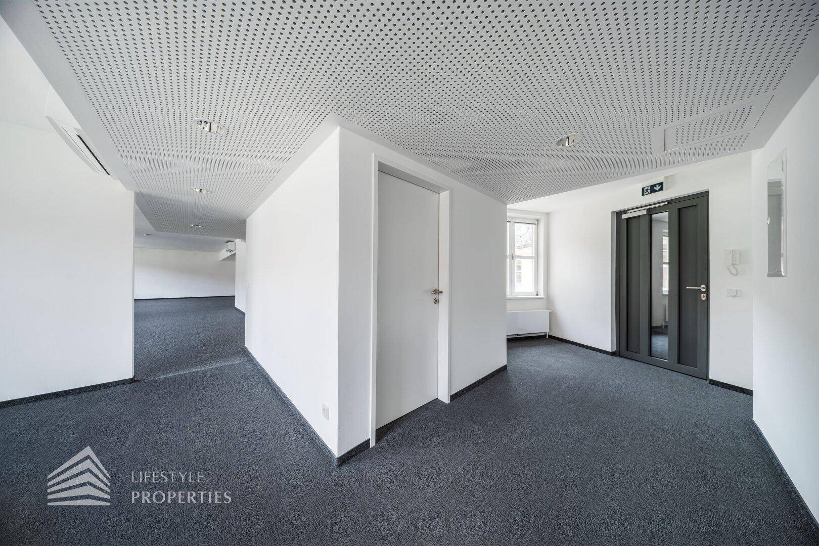 Eingangsbereich mit Teppichboden, perforierter Decke und modernen Türen, inklusive Aufzugzugang.