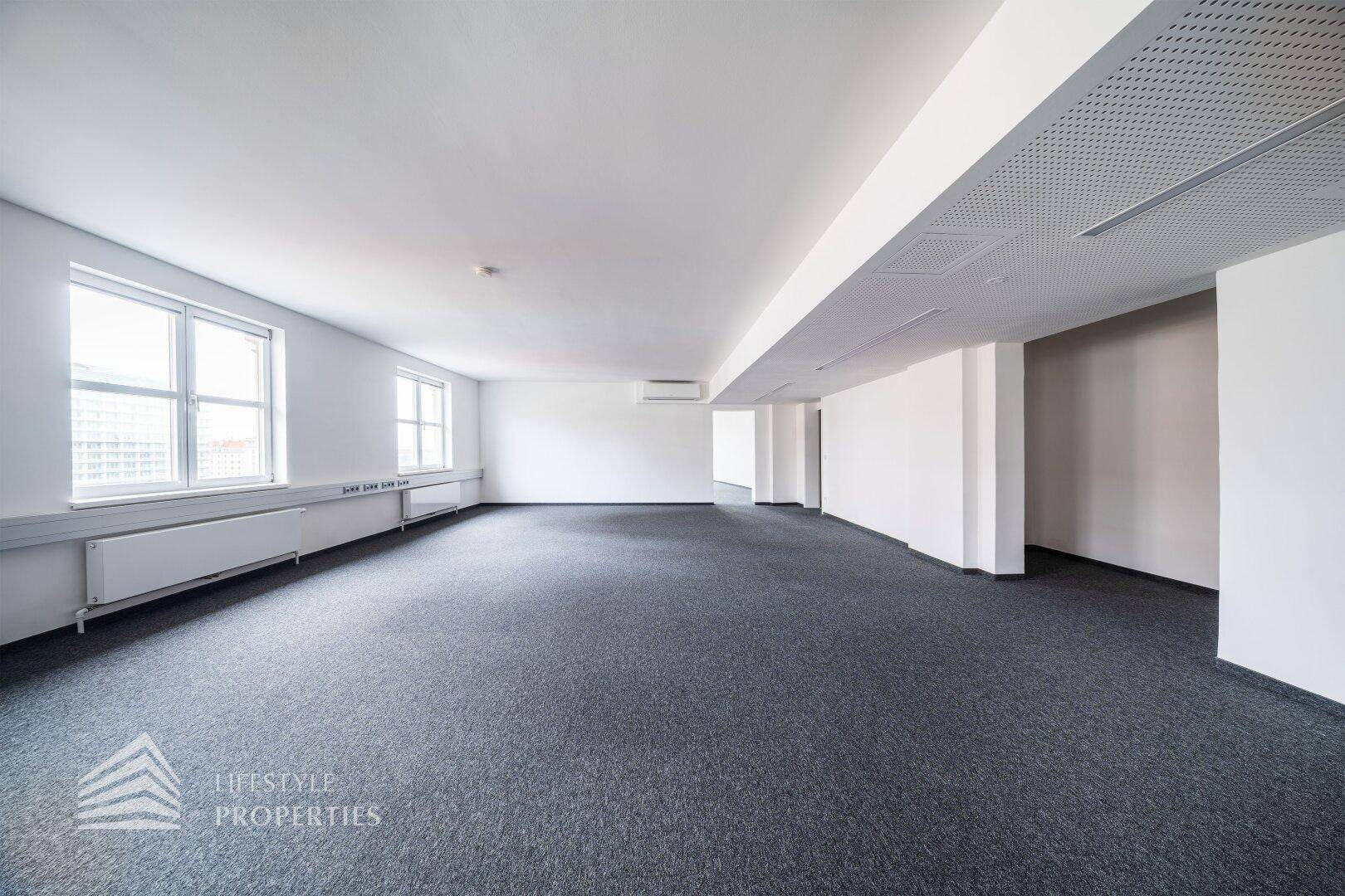 Geräumiger Bürobereich mit Teppichboden, weißen Wänden und perforierter Decke.