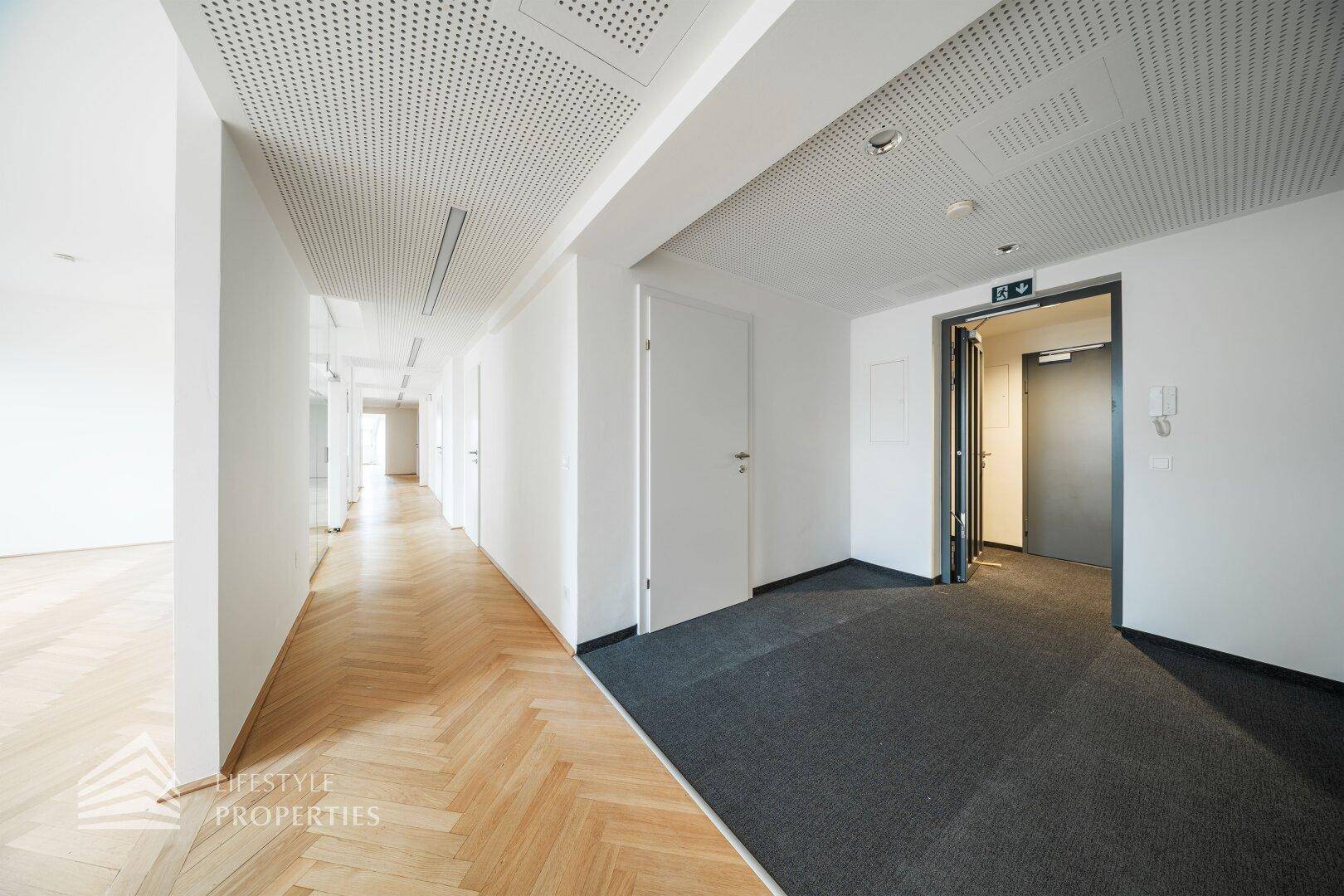 Eingangsbereich mit Teppichboden und perforierter Decke, führt zu einem Flur mit Fischgrätparkett.