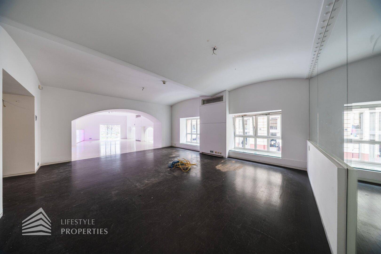 Weitläufiger Raum mit dunklem Boden, gewölbter Decke und großen Fenstern.