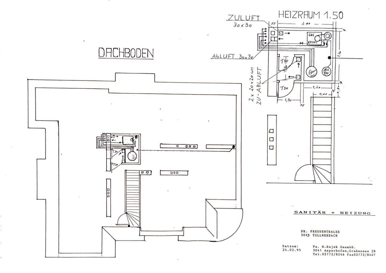 Grundriss des Dachbodens und Detailansicht des Heizraums.