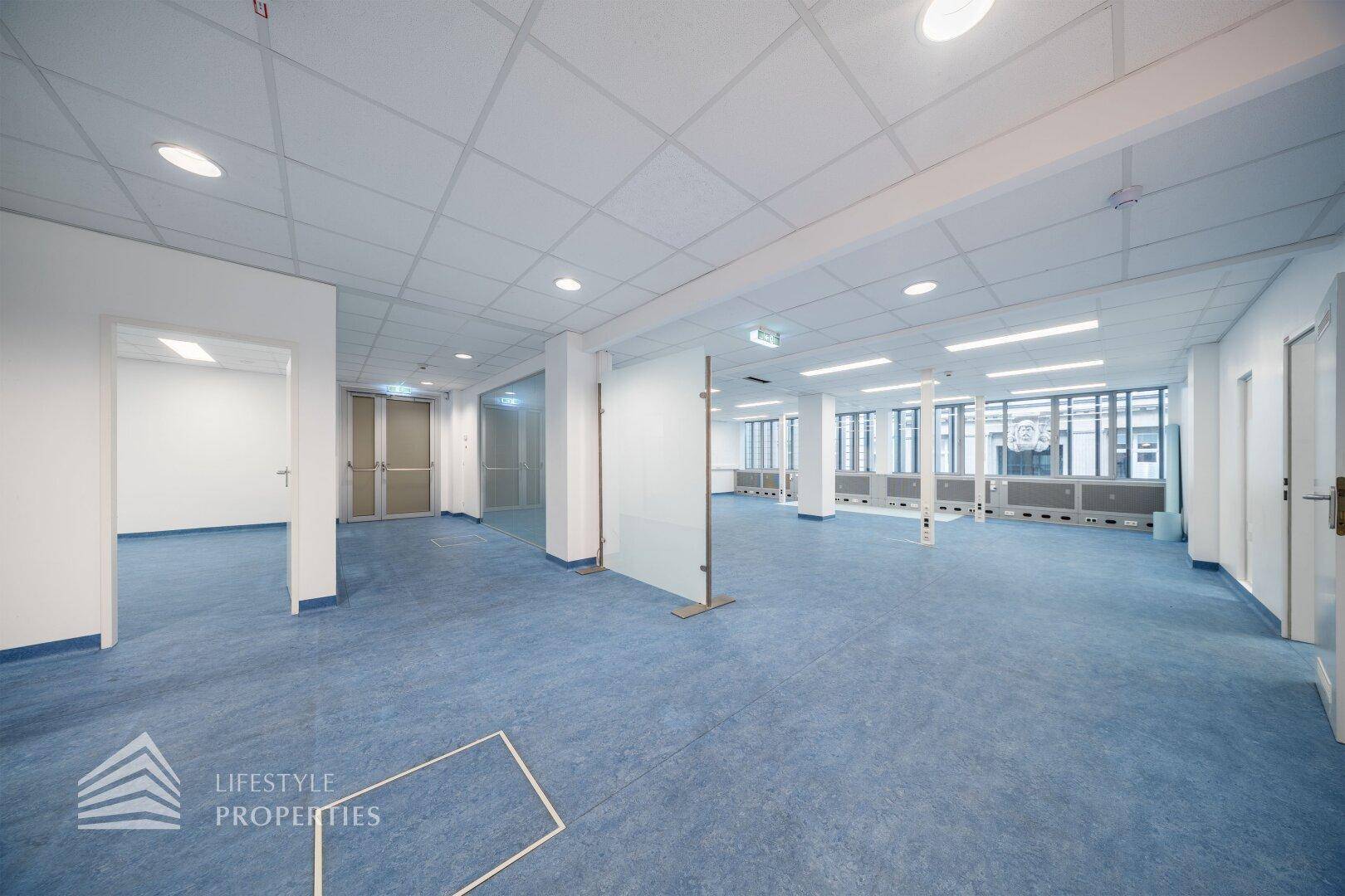 Großer, offener Bürobereich mit blauen Bodenbelag, Glaswänden und mehreren Türen, die zu anderen Räumen führen.